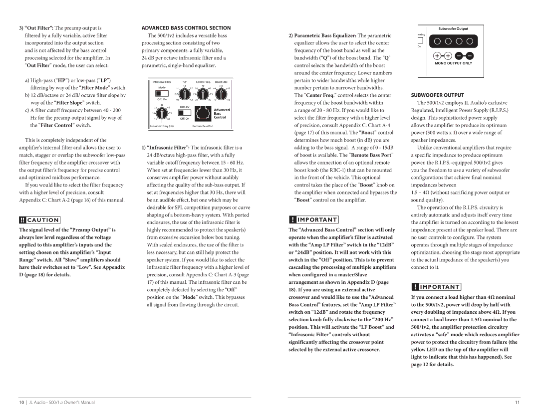 JL Audio 500/1v2 owner manual ADVANCED Bass Control Section, Subwoofer Output 